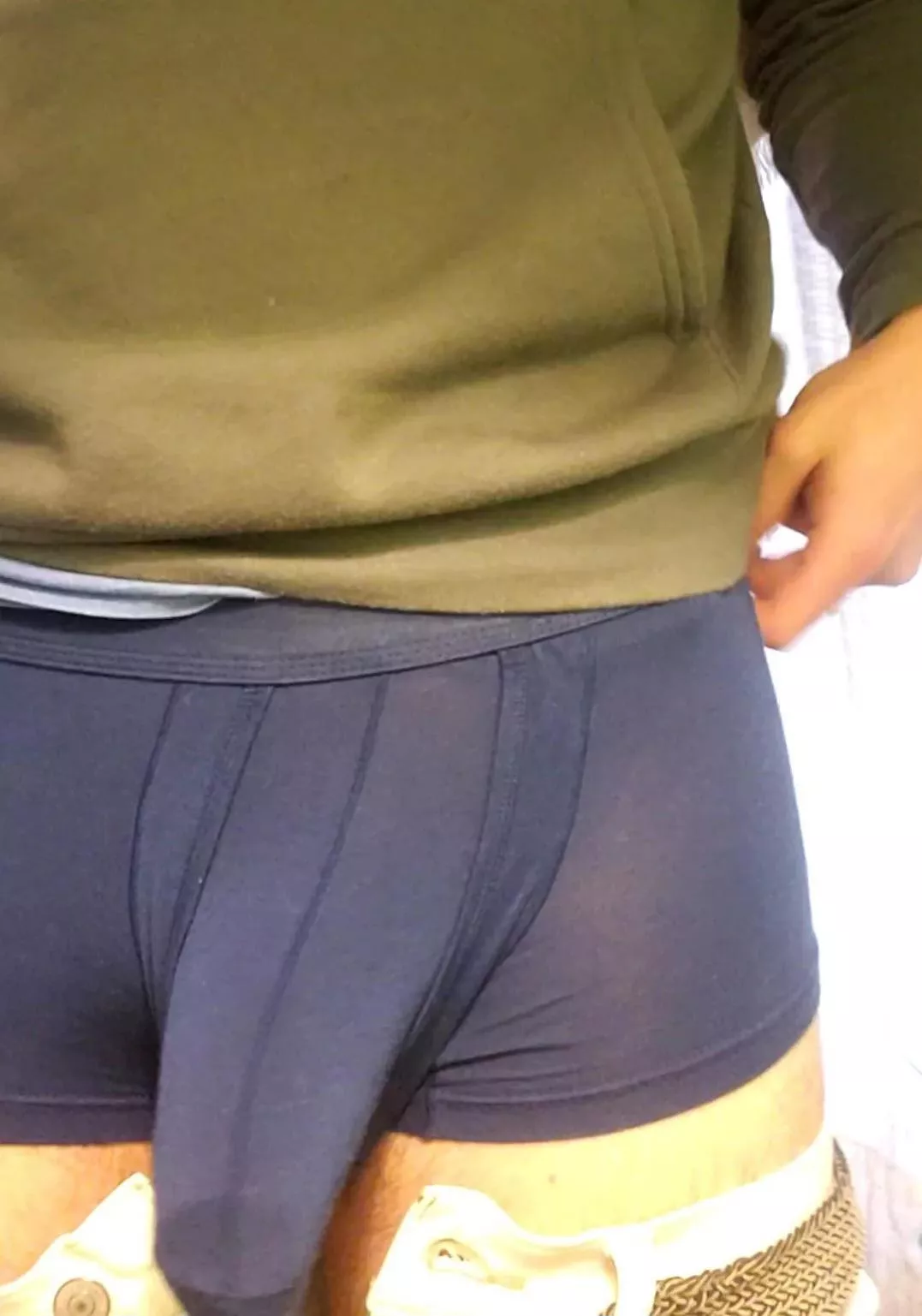 Pouch underwear paired with fat hanging cock is a form of art.