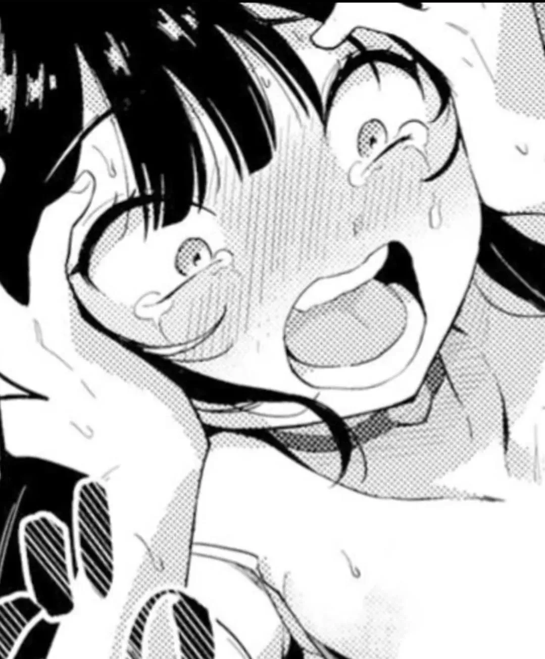 LF Mono Source: 1Girl, Black Hair, Straight Bangs, Ahegao, Crying, Hands on Head, Open Mouth, Sweating, Blush