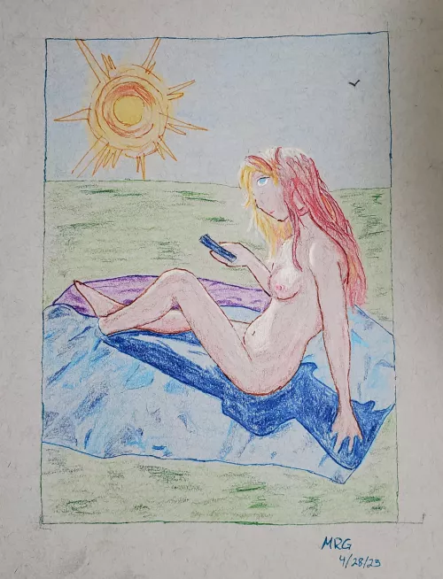 Ex boss's daughter sunbathing, by me, colored pencils/micropens, on grey toned paper