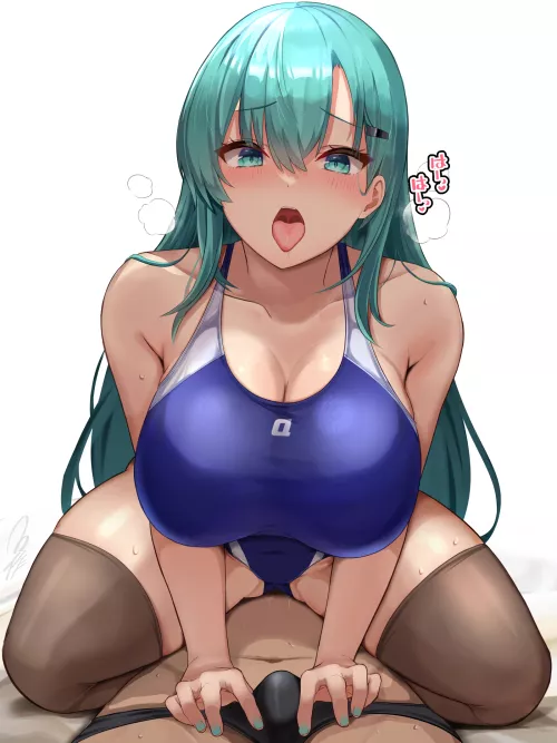 Helping Suzuya stretch in her swimsuit