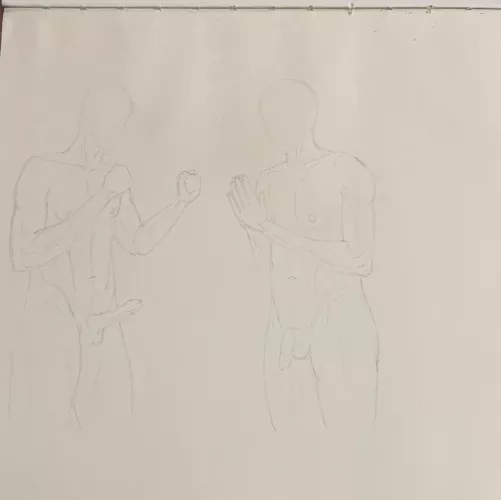 New sketch of self fighting self. Different personalities and egos clashing, any tips ? Still working on it