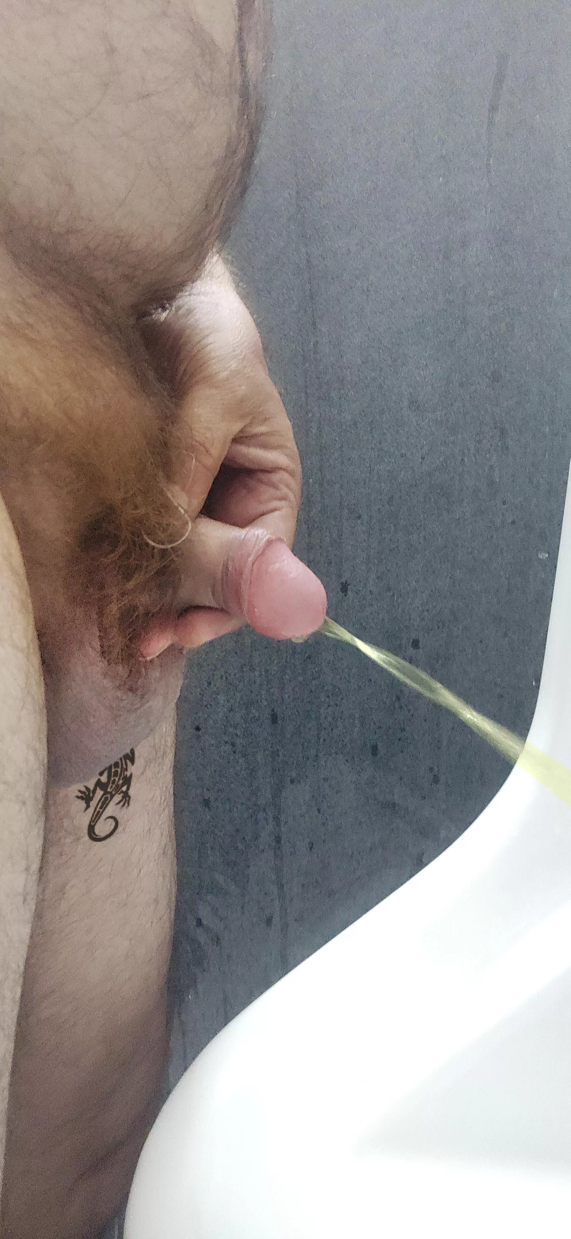 A leisurely piss at workplace washroom.