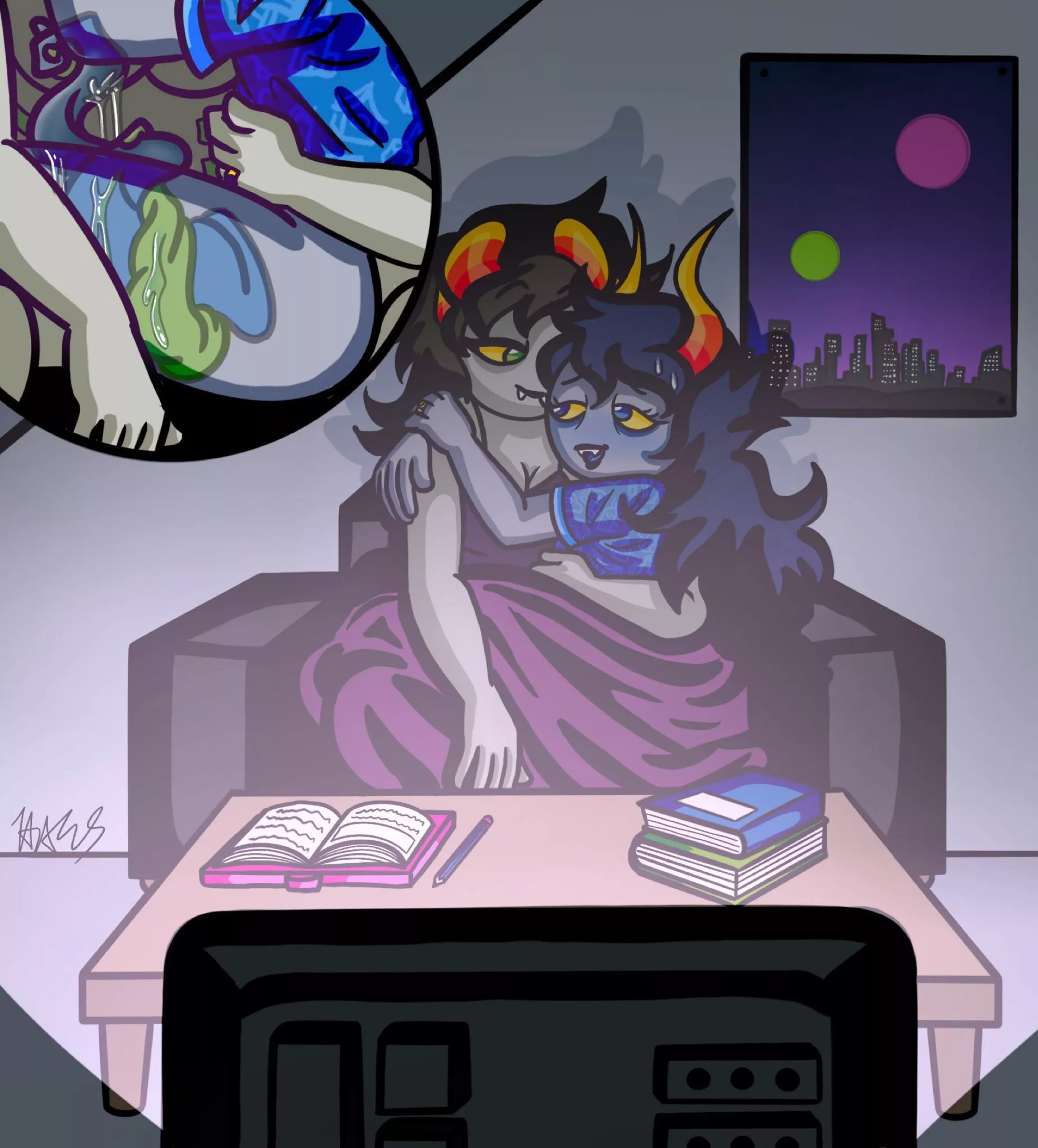 A recent commission I got of my fan troll and her matesprit!(by the wonderful haksdraws on both Twitter and here on Reddit.) RP discord server in the comments.
