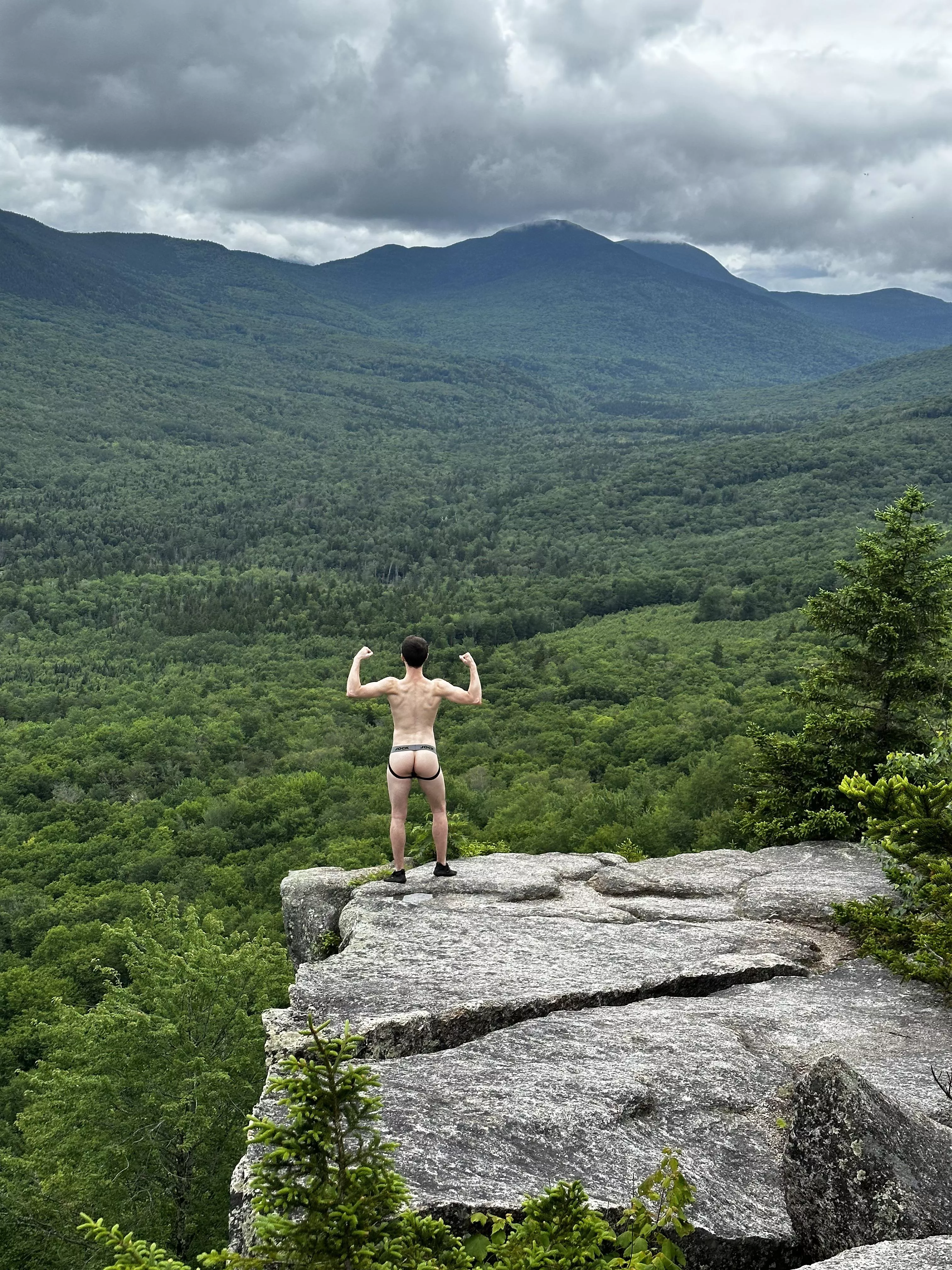 At the summit in nothing but a jockstrap