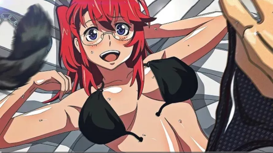 Color 1girl arm_up armpit bangs bikini_bottom_removed black_bikini black_feather front-tie_bikini_top glasses hair_between_eyes looking_at_viewer lying on_back on_bed one_side_up open_mouth pov_hands purple_eyes red_hair sidelocks untied_bikini upper_bod