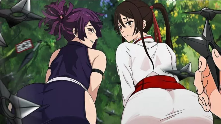 Color 2girls armlet ass_focus bare_shoulders brown_eyes brown_hair from_behind grin hair_between_eyes jigokuraku kunai leaning_forward looking_at_viewer looking_back ponytail presenting purple_hair red_sash shuriken smile take_your_pick thigh_cutout topk