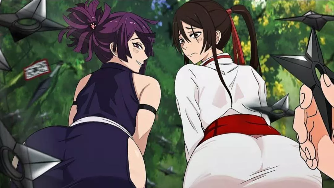 Color 2girls armlet ass_focus bare_shoulders brown_eyes brown_hair from_behind grin hair_between_eyes jigokuraku kunai leaning_forward looking_at_viewer looking_back ponytail presenting purple_hair red_sash shuriken smile take_your_pick thigh_cutout topk