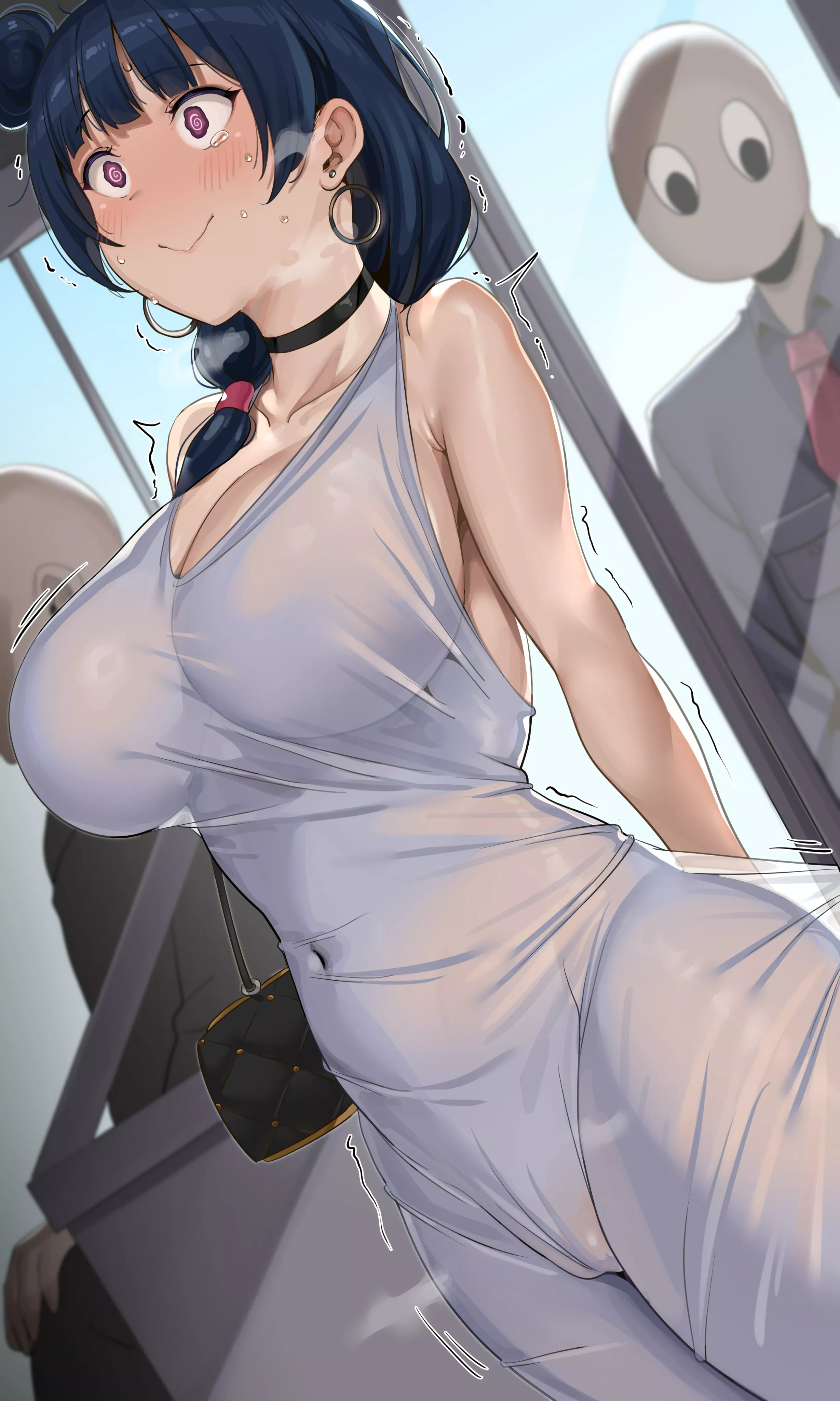 Her dress stuck on door