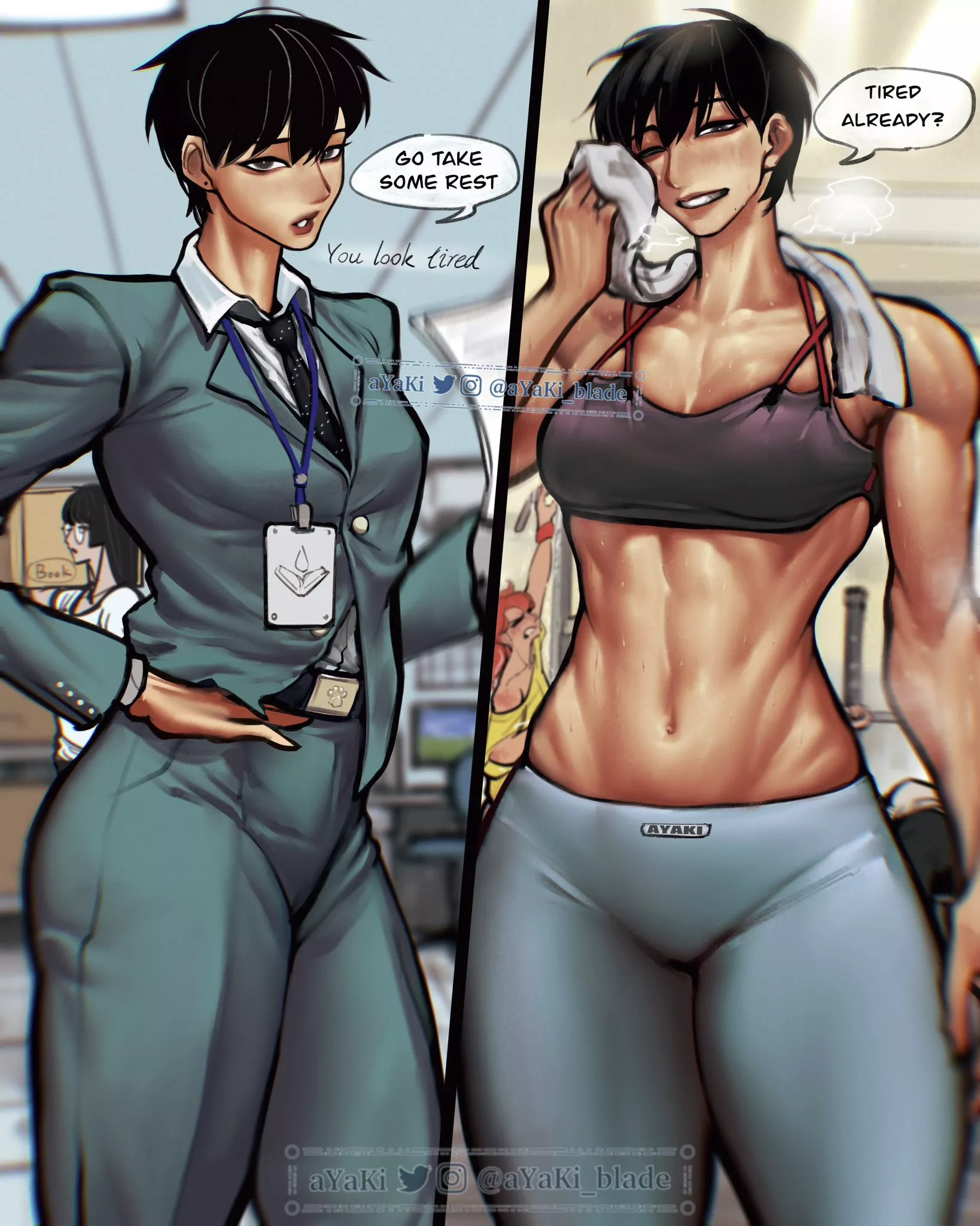 Her in office vs. Her in gym [Artist: Ayaki]