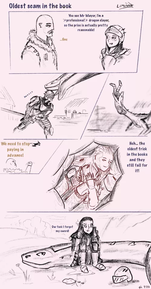 {image} “The oldest Trick in the book” by Liminan (me)- first time drawing vore in quite a while, any feedback is welcome! (?/F) (dragon) (willing) (safe)