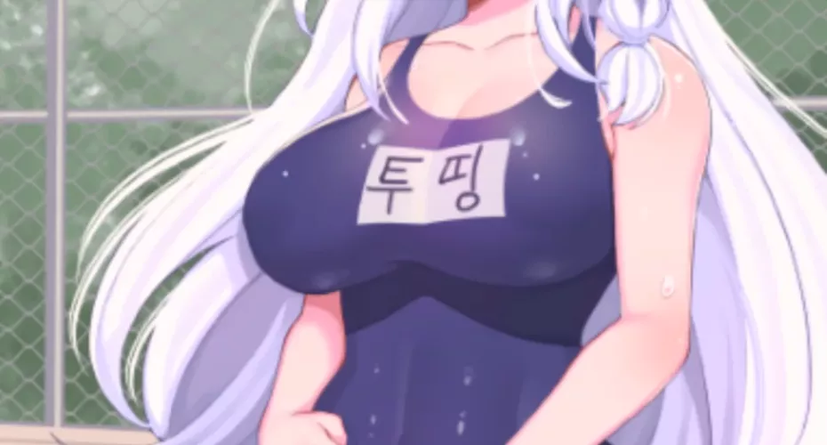 LF Color Source: , 1girl, armpit crease, blue one-piece swimsuit/blue swimsuit, braid, clothes writing, collarbone, fence, foreign text, hand on own stomach, head out of frame, large breasts, one-piece swimsuit, school swimsuit, silver hair, very long ha