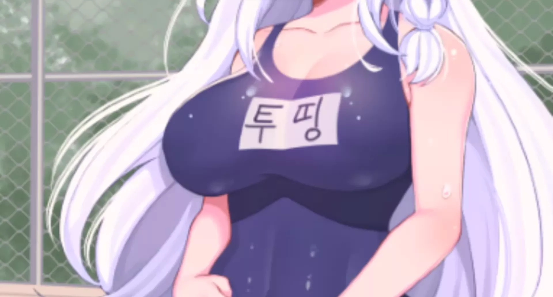 LF Color Source: , 1girl, armpit crease, blue one-piece swimsuit/blue swimsuit, braid, clothes writing, collarbone, fence, foreign text, hand on own stomach, head out of frame, large breasts, one-piece swimsuit, school swimsuit, silver hair, very long ha