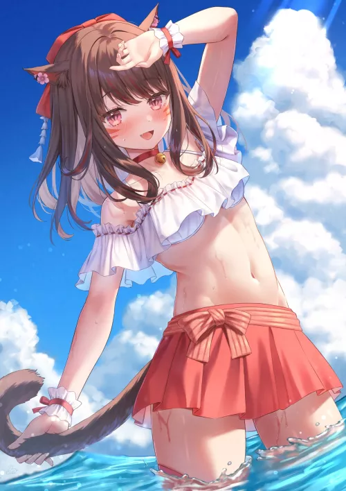 Miqo'te girl at the beach Art by Lulinco / @Luli_Linco [Final Fantasy 14]