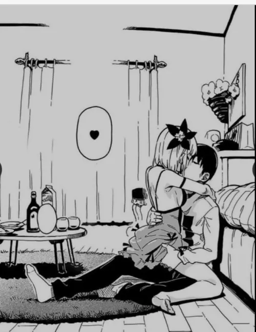 Mono 1boy 1girl against_bed armpit arms_around_neck black_hair bottle carpet cup curtains dress from_side girl_on_top hair_flower hand_on_another's_back hand_on_another's_thigh hug indoors kiss milk_carton on_floor plate sitting spoken_heart straddling