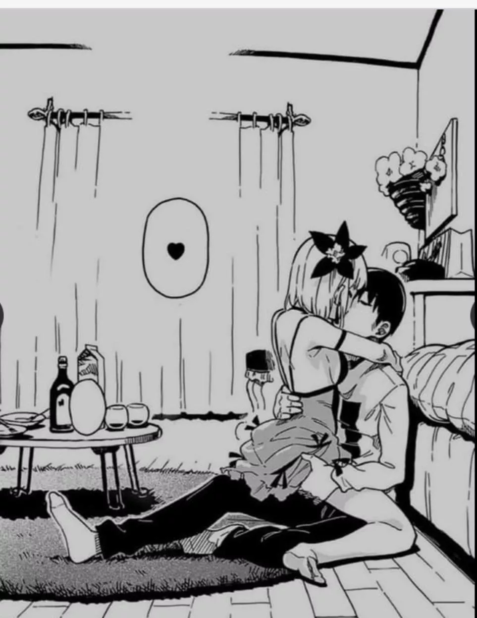 Mono 1boy 1girl against_bed armpit arms_around_neck black_hair bottle carpet cup curtains dress from_side girl_on_top hair_flower hand_on_another's_back hand_on_another's_thigh hug indoors kiss milk_carton on_floor plate sitting spoken_heart straddling