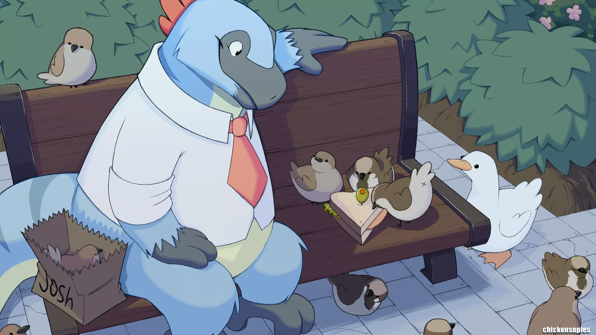 Sometimes, birbs are easier to befriend than human coworkers... (art by me, @chickensnpies1 on Twitter!)