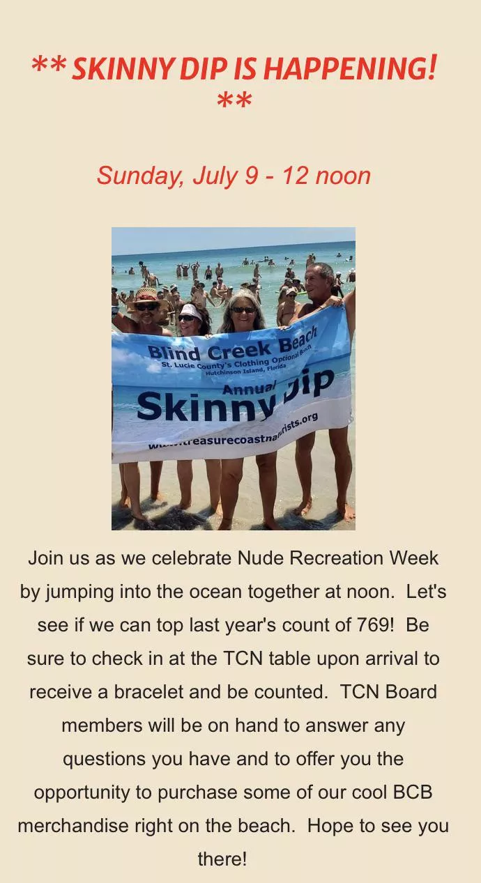Sunday, July 9 - 12 noon - Annual Skinny Dip at BCB