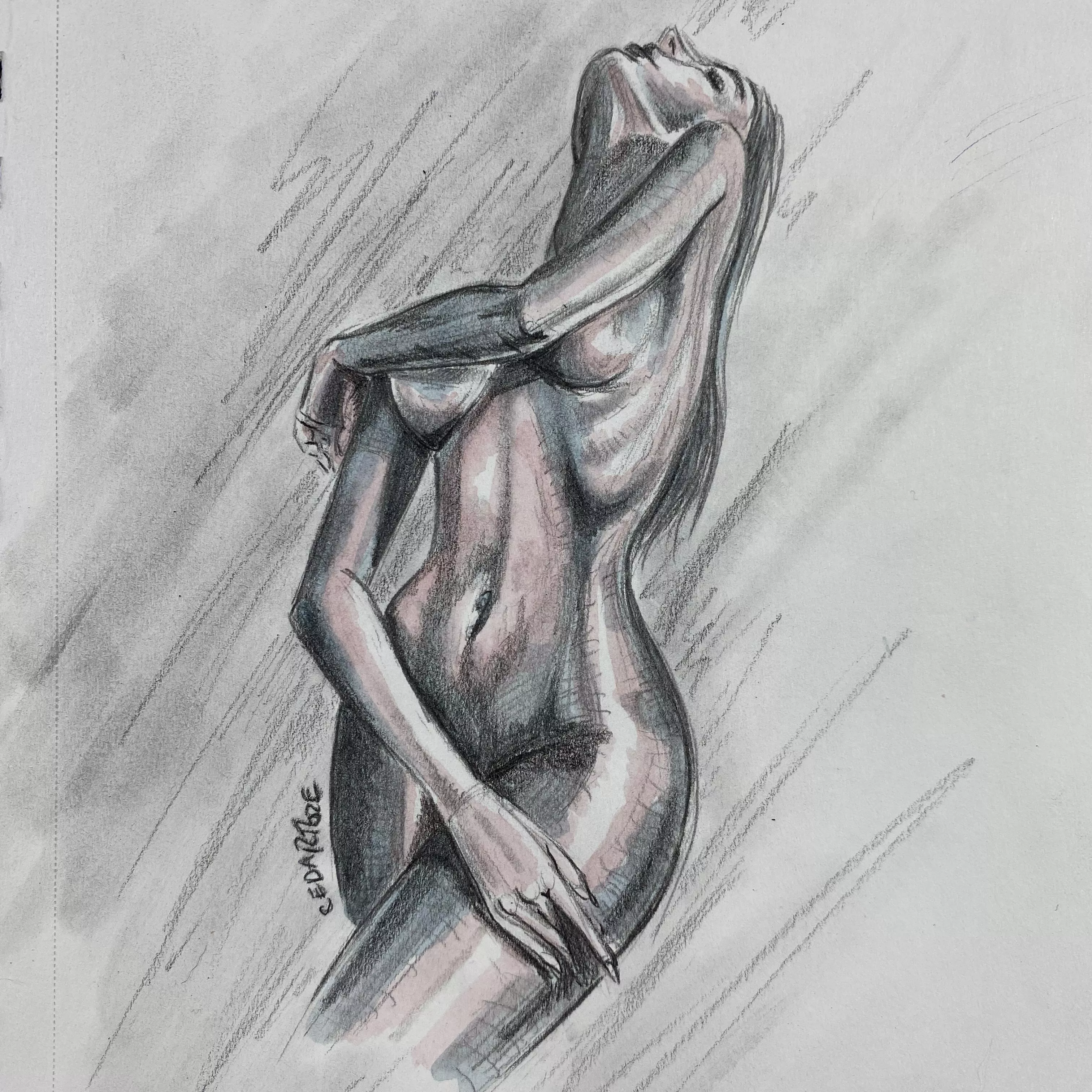 Rain, graphite & watercolor