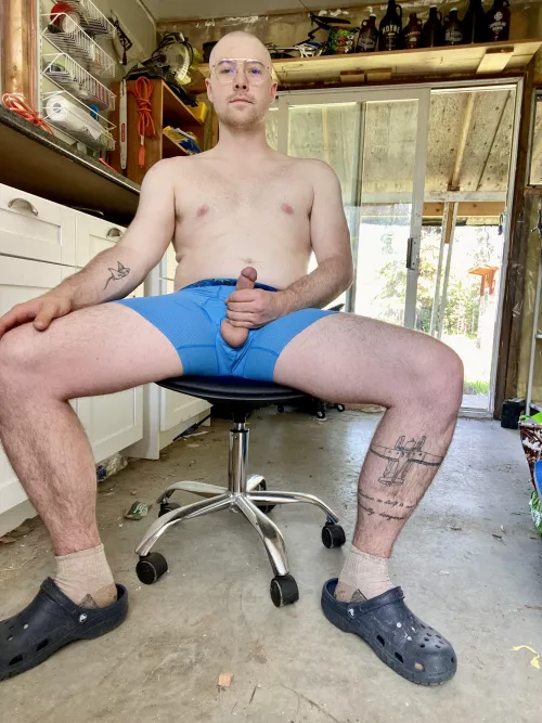 Just rocking my crocs with my cock well working in the shop