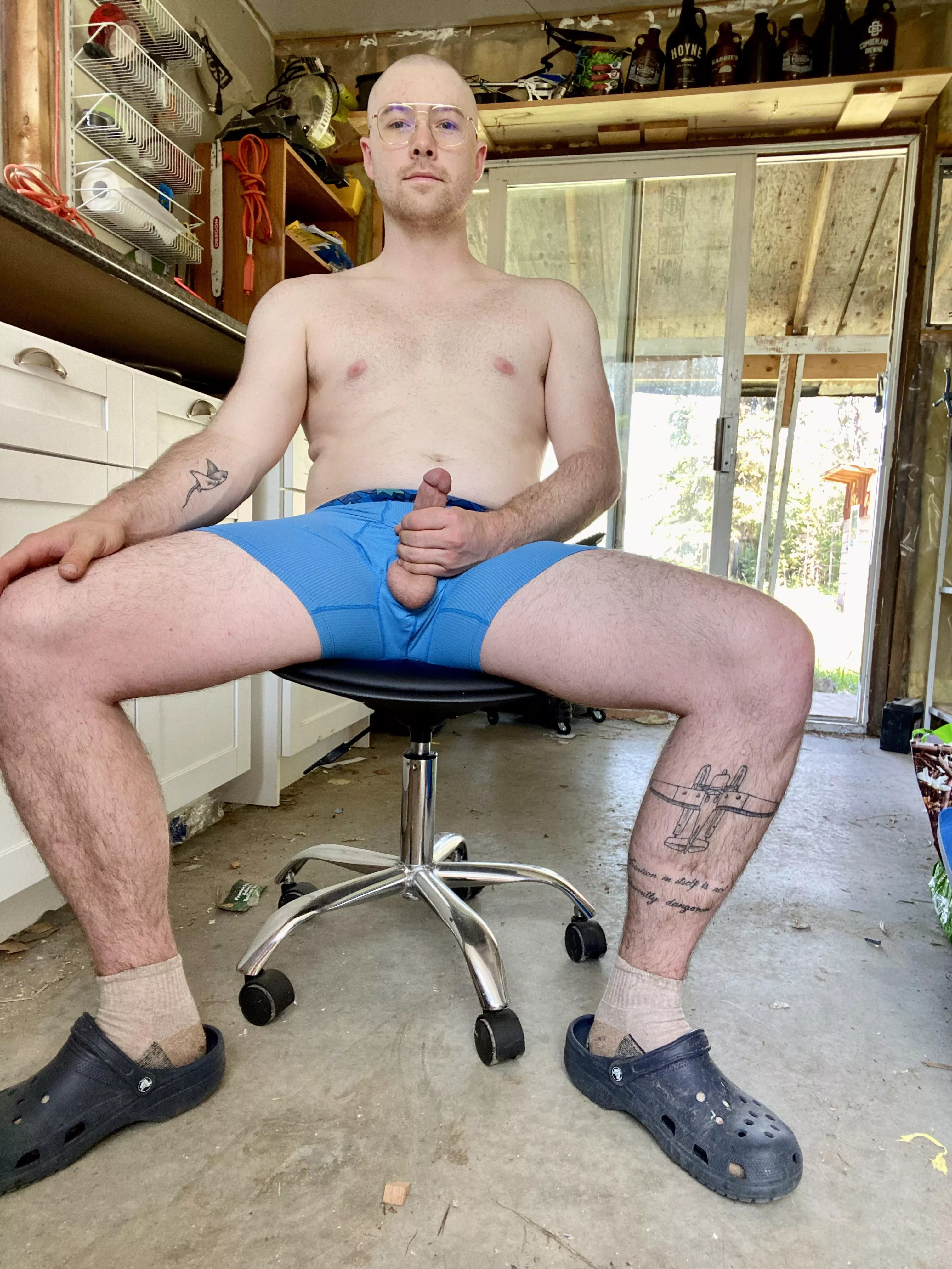 Just rocking my crocs with my cock well working in the shop