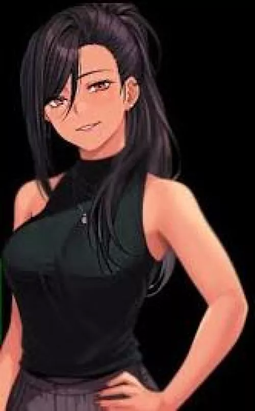 LF color source,1girl, black_hair,black_shirt,smiling,earrings,dark_skin,necklace, armpits, hand_on_hips, dark_skinned