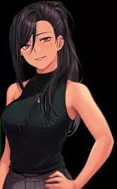 LF color source,1girl, black_hair,black_shirt,smiling,earrings,dark_skin,necklace, armpits, hand_on_hips, dark_skinned