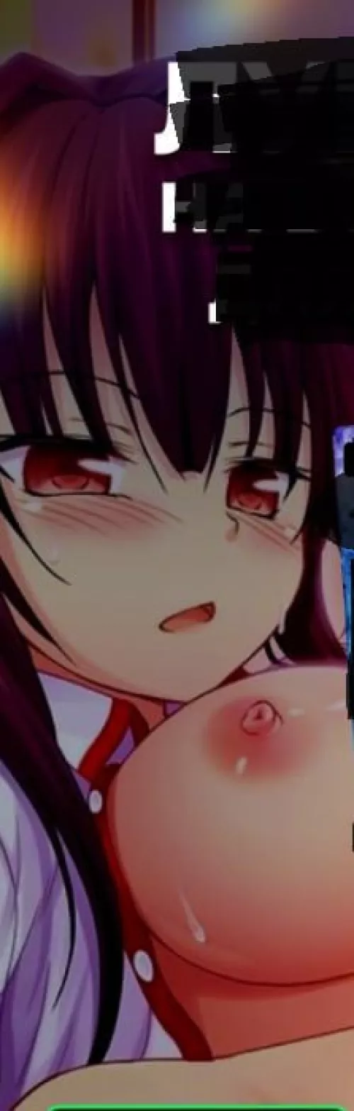 LF color source: 1girl, black hair, long hair, red eyes, large breasts, breasts outside, nipples, sweat, blush, open mouth, t-shirt lift, tears, looking at another.