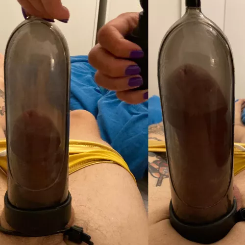 Many of you (no doubt little cock guys) asked if this penis pump worked when I used it on my short dick slave…. Here are the results…