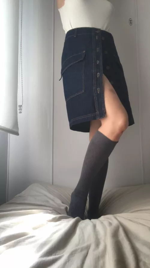 Take my socks off. Pull my skirt up. And...