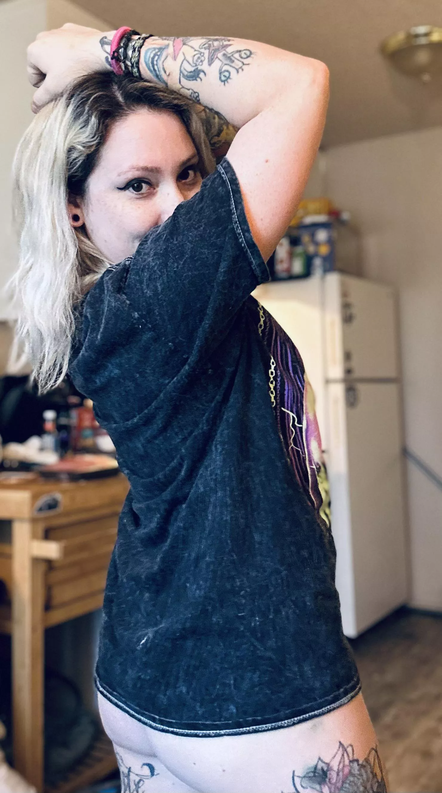 Just strutting around the house in only a T-shirt. Hope no one sees through my open window