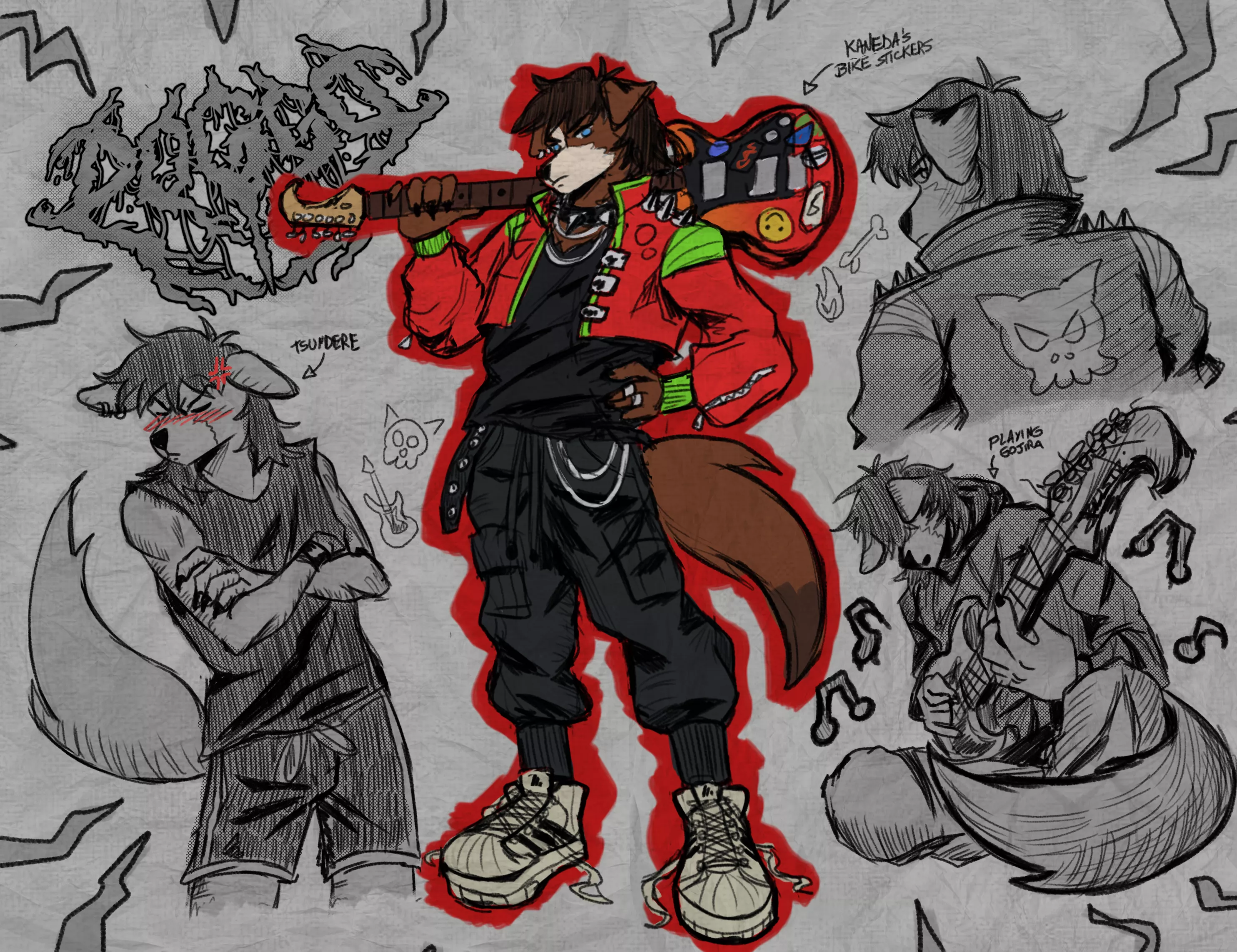 Sketch page of my doggo fursona 🎸 (art by me @billartstk on Twitter)