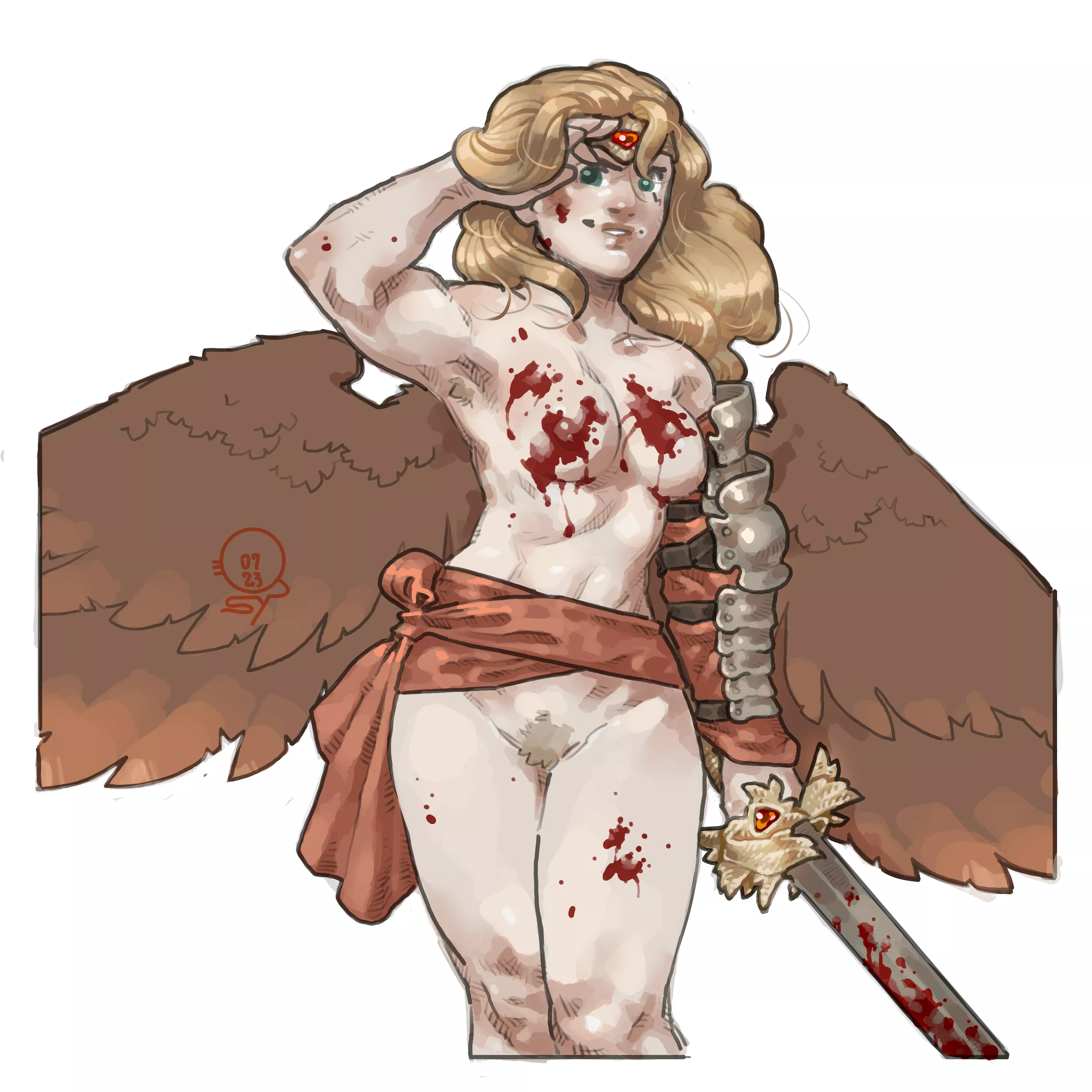 Elia ,nudist Aasimar after defeating some bandits (Qsy_tweets)