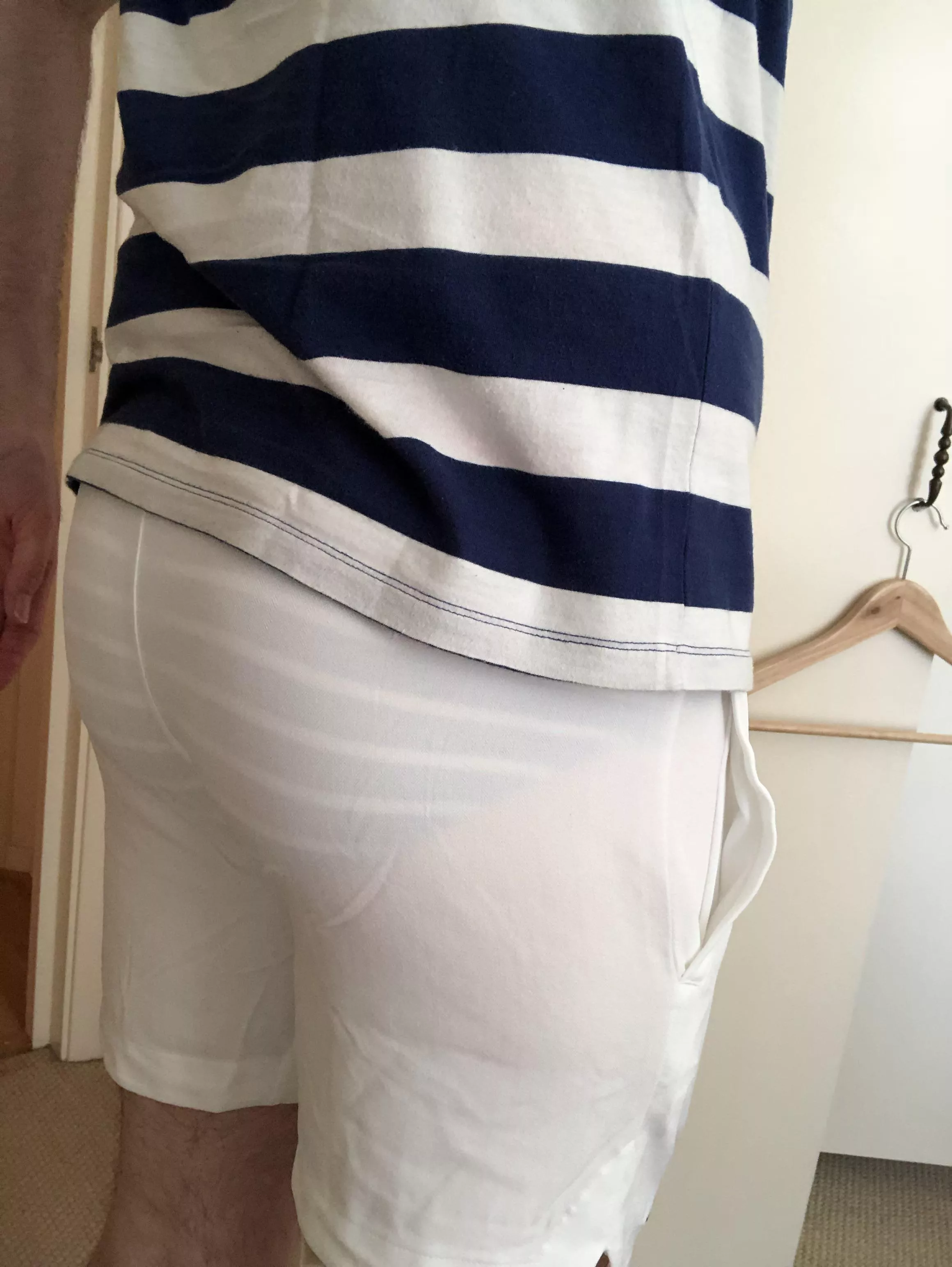 Wore a different pair of tennis shorts on this work from home Wednesday. But these are also white and unlined, so I have to be very careful (or not…) about what I wear underneath.