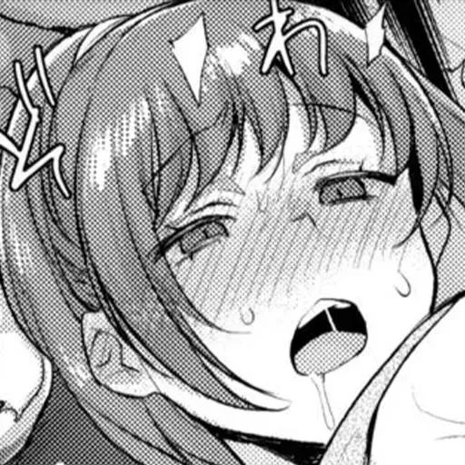 LF Mono Source: 1girl, ahegao, close up, dark hair, drooling, ear blush, face, nose blush, open mouth, ponytail, saliva trail, sfx, shirt lift, sidelocks, sweat, swept bangs, tongue, upper teeth only