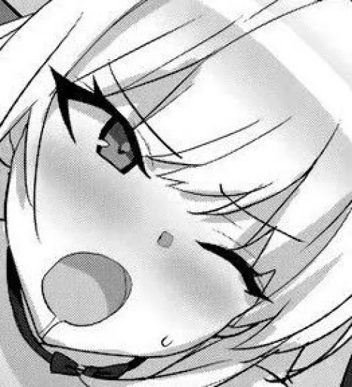 LF Mono Source: 1girl, one eye closed, face, close up, sidelocks, bangs, collar, looking back, blush, sweat, droll, saliva drip, open mouth, long hair, white hair, monochrome, bare shoulder, thick eyelashes, out of frame, frown