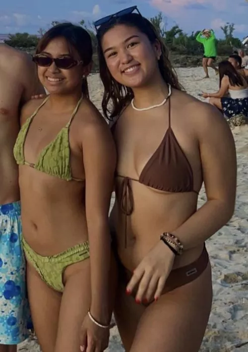 green bikini or brown bikini?