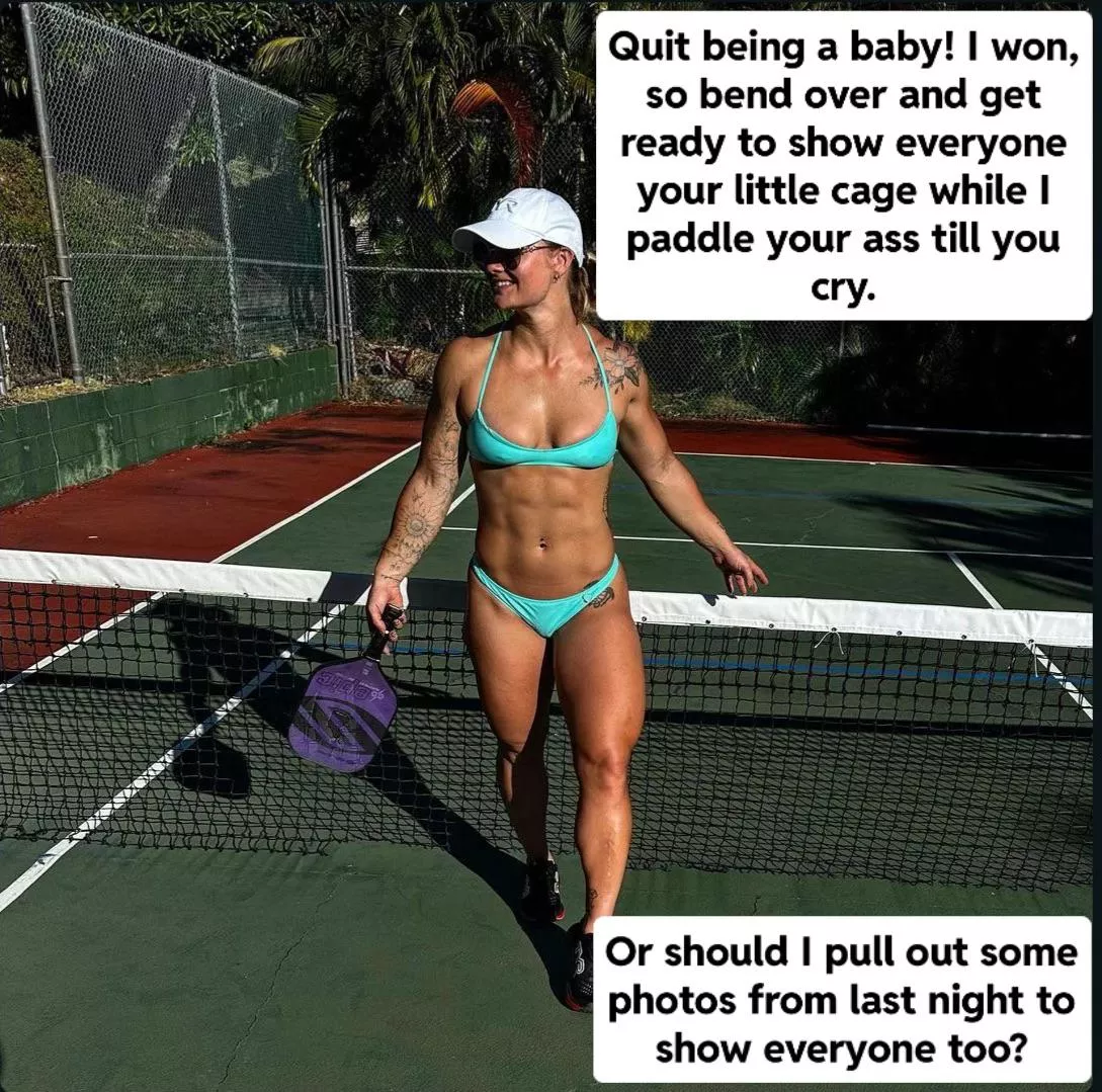 You bet that if you could beat her in pickle ball, she would unlock you and let you fuck her thighs until you came. If she won then…we’ll…she won and now all your friends know your secret. You bet that if you could beat her in pickle ball, she would unlock you and let you fuck her thighs until you came. If she won then…we’ll…she won and now all your friends know your secret.