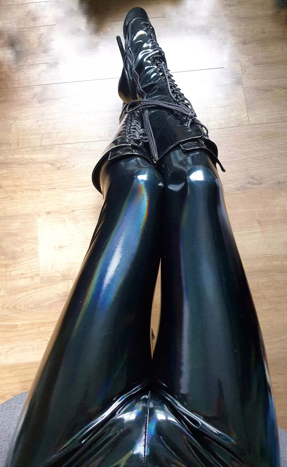 Ballet boots with shiny leggings make for a very happy femboy