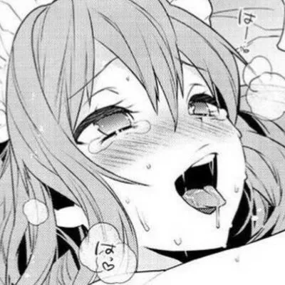 Lf Mono Source: 1girl, blush, tears, open mouth, drooling, sweat, upper teeth only, tongue out, hair between eyes, long hair, light hair, forgien text, face, close up