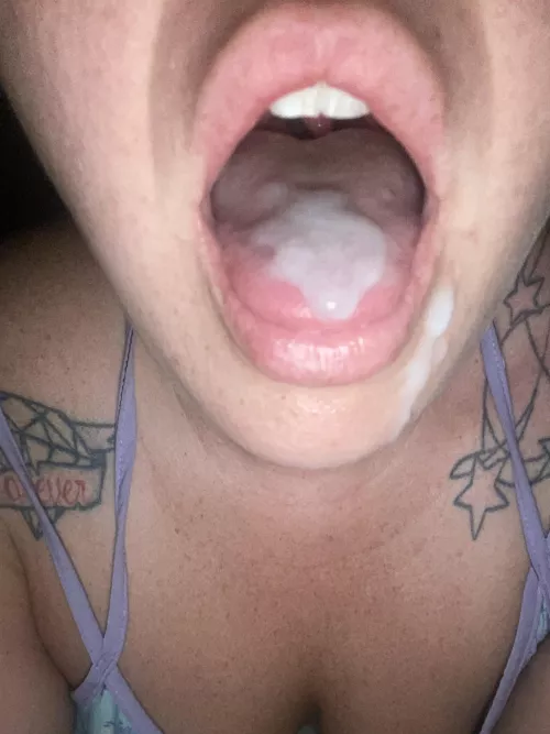 My last pic was a hit so here we go. Love cum on my tongue.