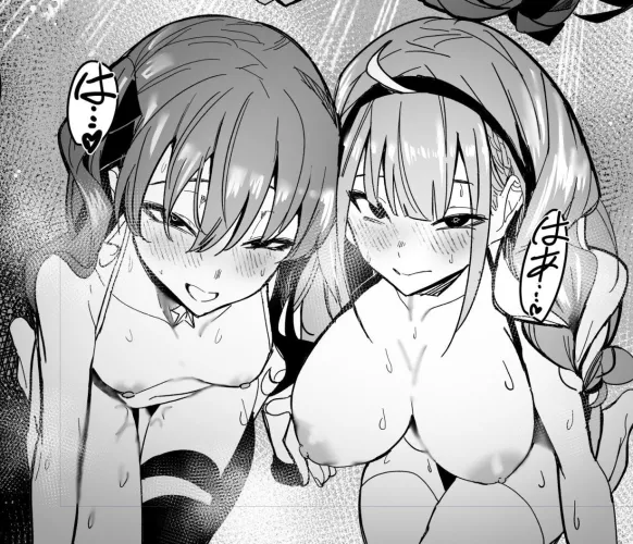 Mono 2girls ahoge bangs bra_pull bra_strap braid breasts_out dark_hair foreign_text hair_behind_ear hair_between_eyes hair_ribbon hairband heart-shaped_pupils large_breasts leaning_forward light_hair long_hair looking_at_viewer medium_breasts open_mouth 