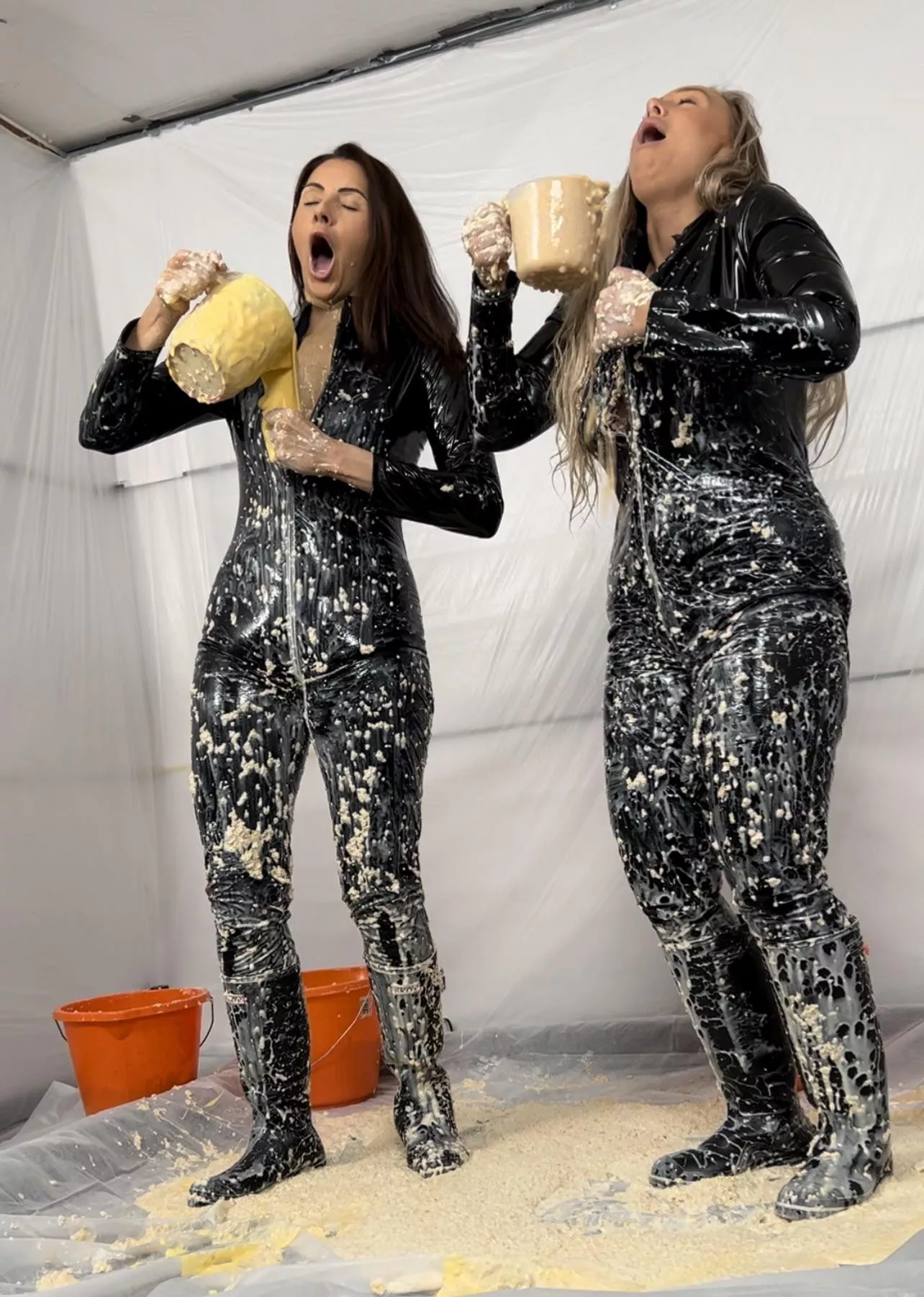 Slowly filling our PVC catsuits with porridge, custard and rice pudding xx