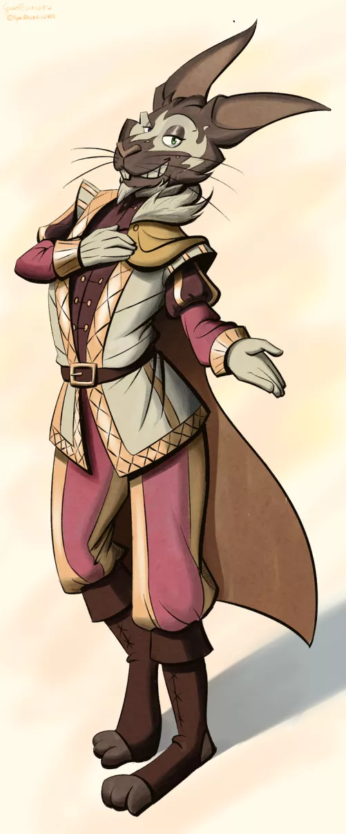 A character design for a harengon D&D character sheet I made for fun, he's a bard (art by me)