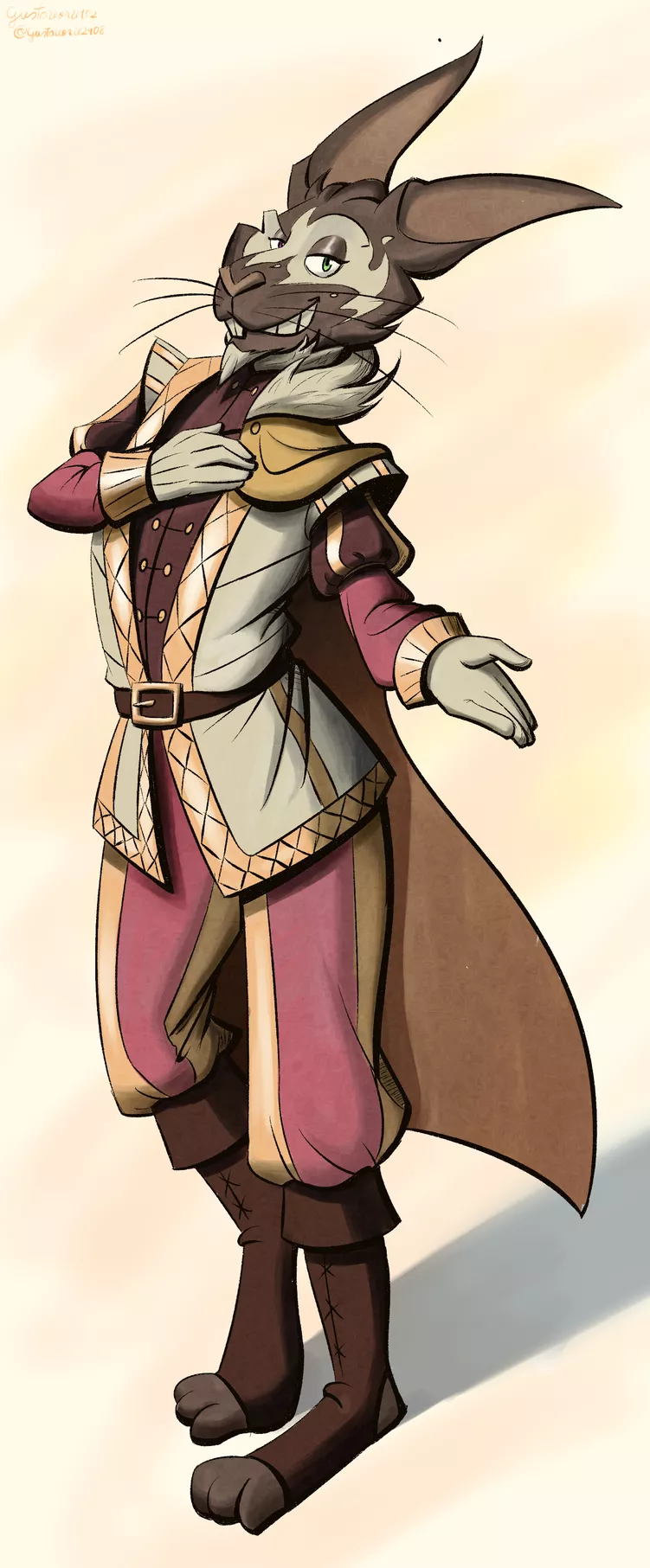 A character design for a harengon D&D character sheet I made for fun, he's a bard (art by me)