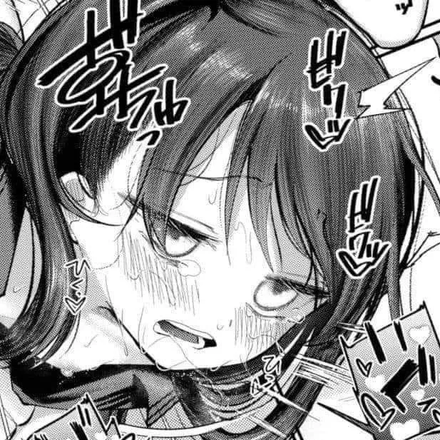 LF Mono Source: 1girl, black hair, crying, drooling, sweating, blush, nipple, eyebrows visible through hair, eye visible through hair, open mouth, teeth, small breasts, flat chest