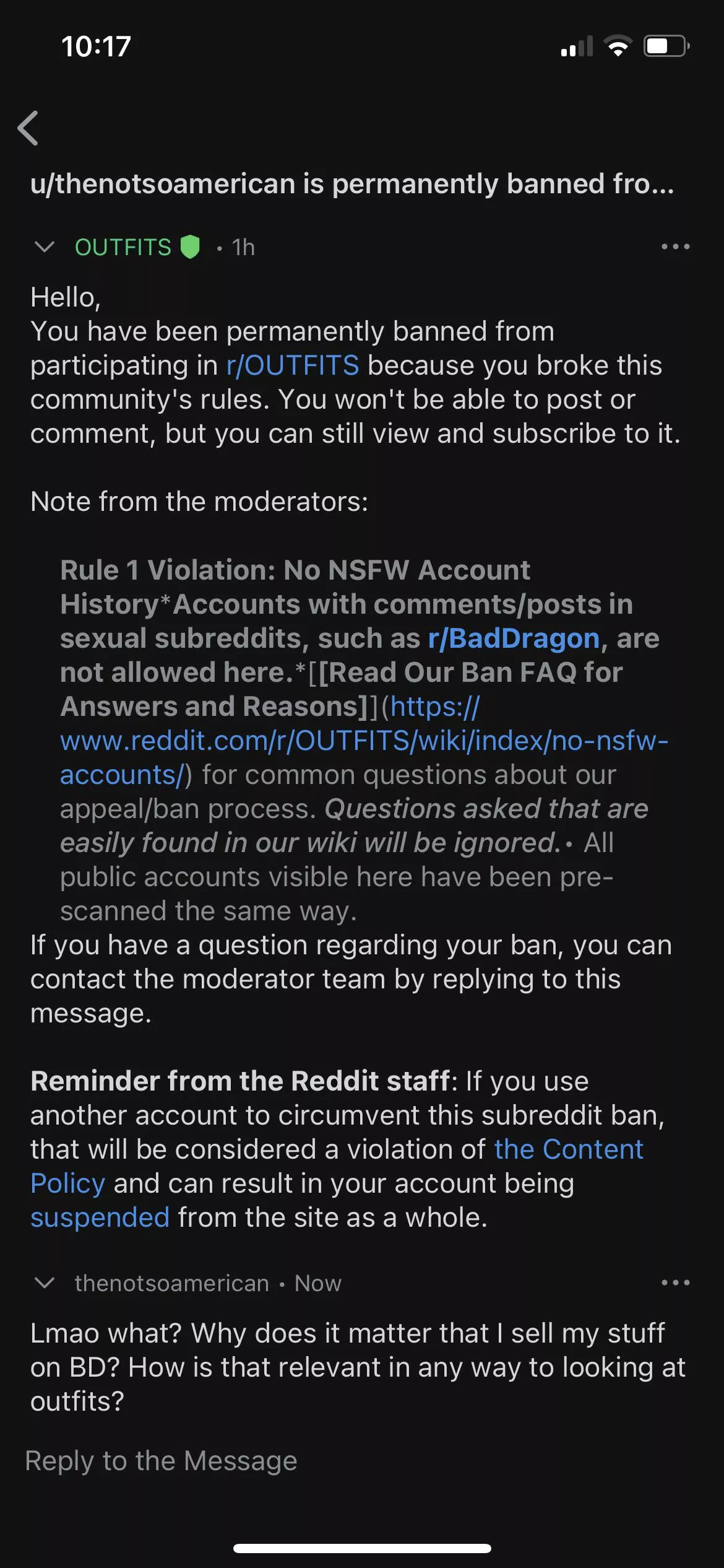 Lol just got permanently banned from a random sub that I wasn’t even following for specifically having posted here. I know some relationship related subs will ban, but some random clothes sub?