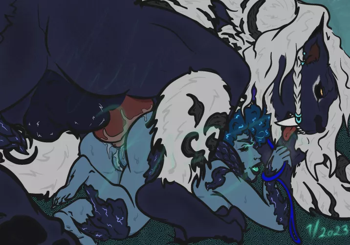 Qiwi enjoying some time with one of her lovers. Original art by me. Enjoy :3 (MadamKaiju) [FFxiv]