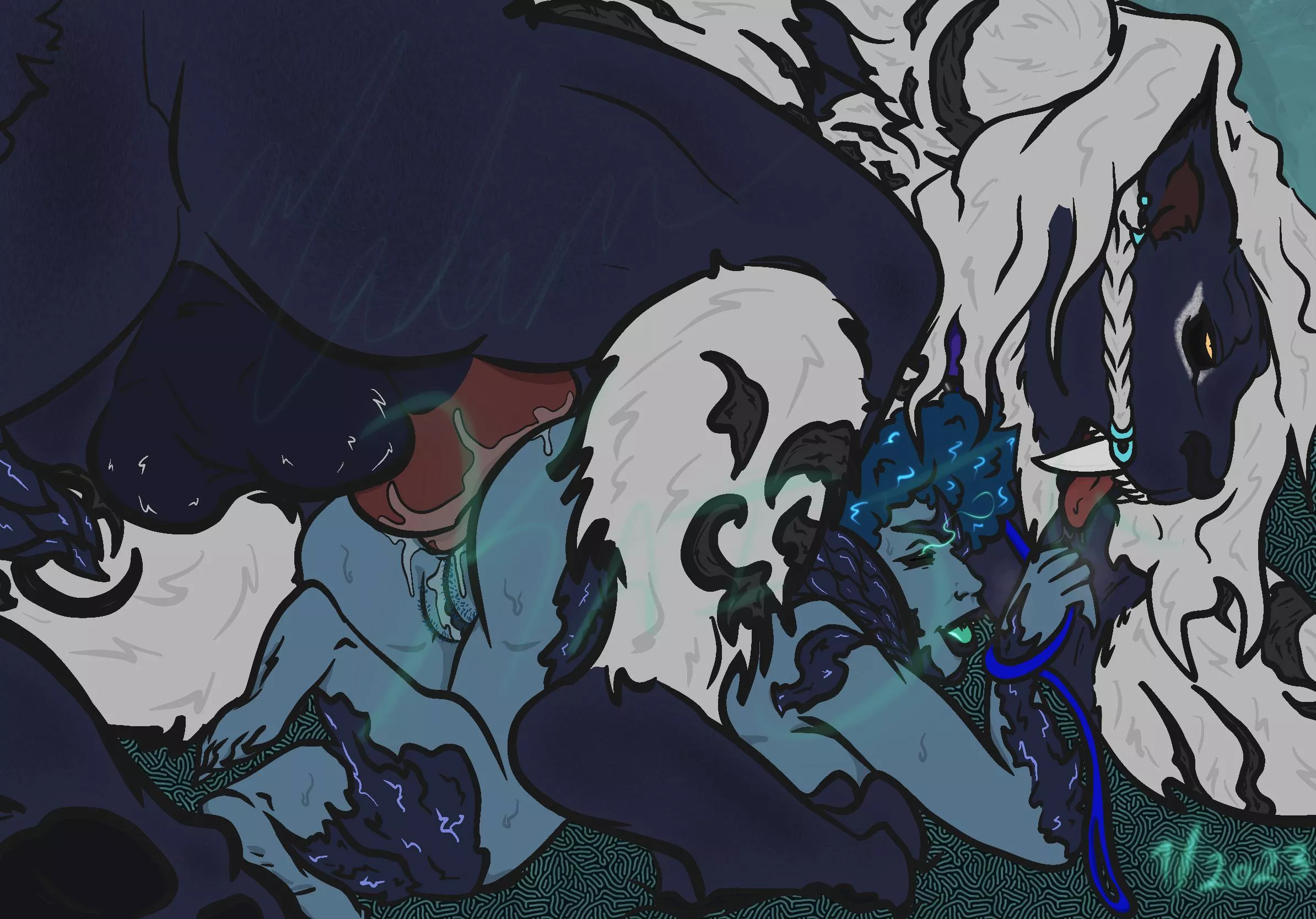 Qiwi enjoying some time with one of her lovers. Original art by me. Enjoy :3 (MadamKaiju) [FFxiv]