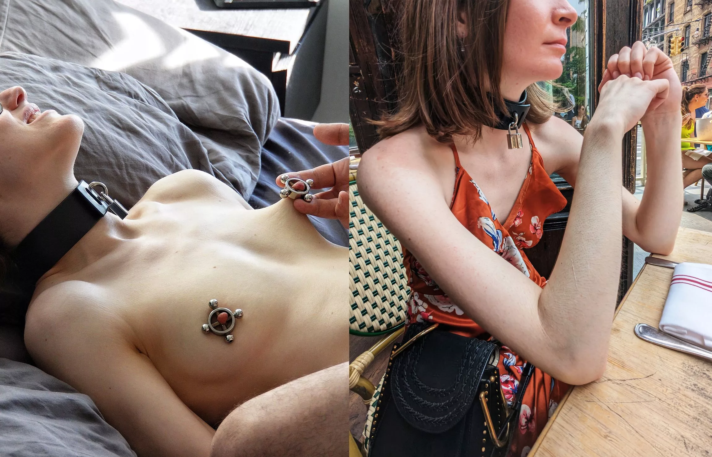 Everyone can see the collar, nobody can see her nipples turning purple.