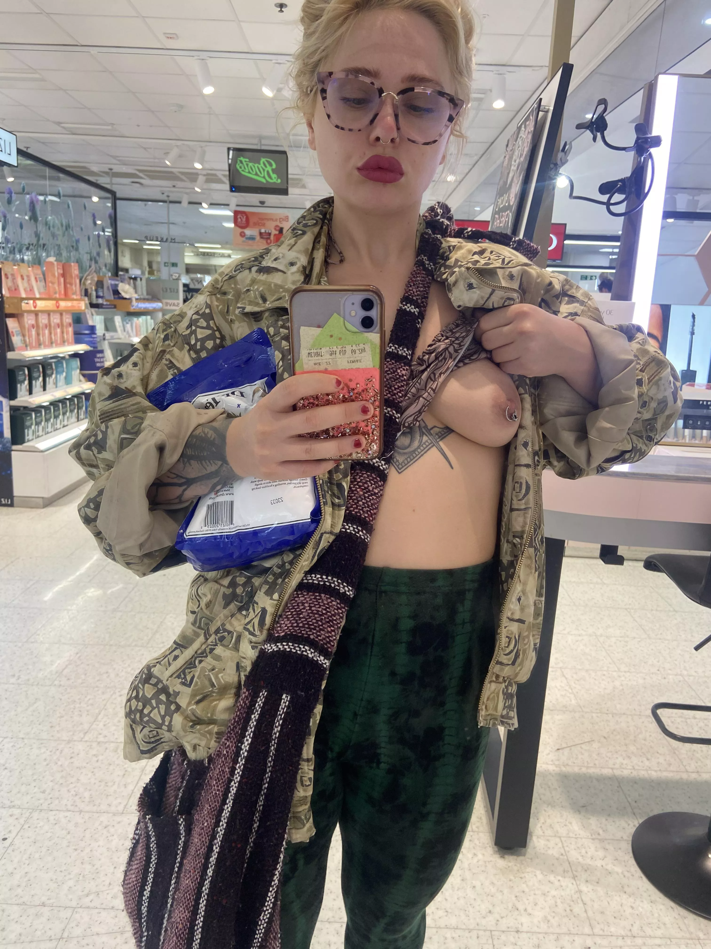 I set the shopping centre alarms off! They’re definitely keeping an eye out for me now… Bet security loves seeing my titty flash… Netflix and f*** for the rest of the day! Who’s cumin?